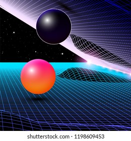 Landscape with wireframe grid of 80s styled retro computer game or science inspired background 3d structure with crystal spheres and mountains or hills with mirror effect