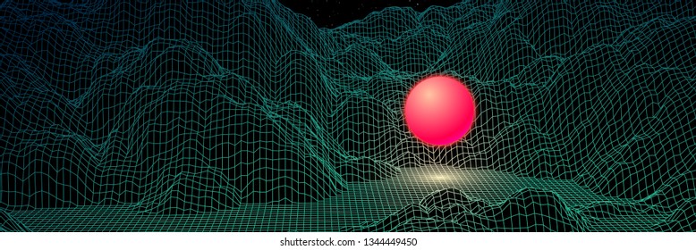 Landscape with wireframe grid of 80s styled retro computer game or science inspired background 3d structure with mysterious sphere and mountains or hills