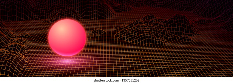 Landscape with wireframe grid of 80s styled retro computer game or science inspired background 3d structure with mysterious sphere and mountains or hills