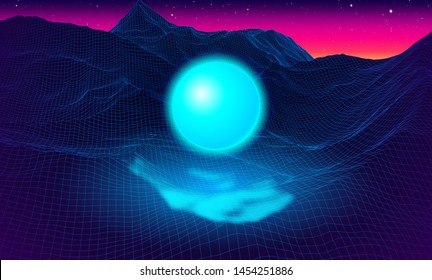 Landscape with wireframe grid of 80s styled retro computer game or science inspired background 3d structure with mysterious spheres and mountains or hills