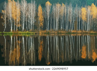 Paisaje sin abedul y lago. Gráficos vectoriales sobre temas del otoño