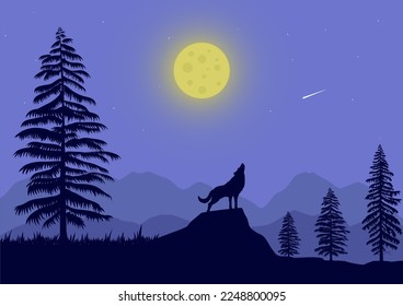 Landscape with wolf and moon silhouette vector illustration