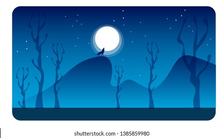 Landscape with with a wolf on a background of mountains. Vector banners set with landscape illustration.