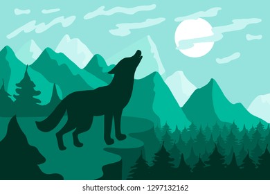 Landscape with wolf silhouette flat vector illustration. Wildlife, nature minimalistic background