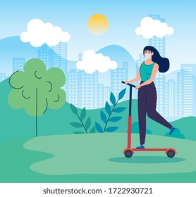 landscape with woman using face mask in scooter vector illustration design