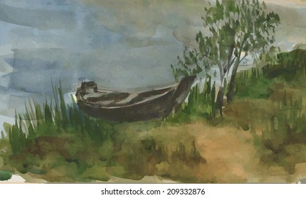 landscape with wooden boat and trees on the river bank 