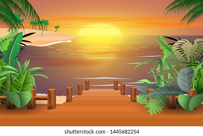 landscape of wooden bridge on the beach in sunset