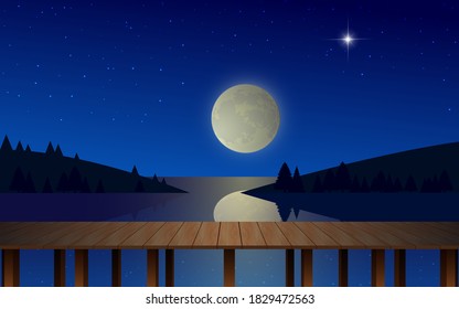 landscape of wooden bridge on the beach in full moon night