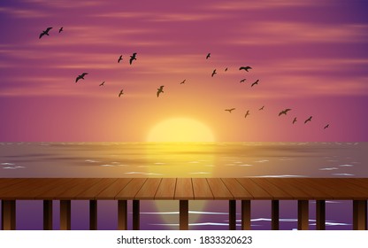 landscape of wooden bridge on the beach in sunset