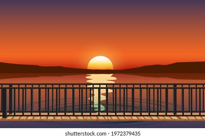 landscape of wooden bridge on the beach in sunset