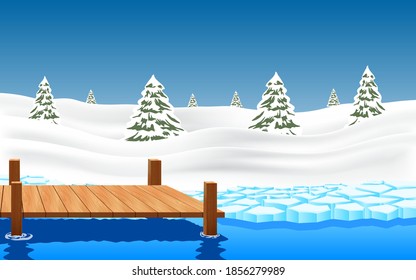 landscape of wooden bridge on the glacier at the geographic pole