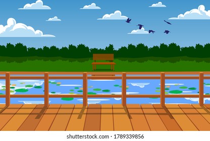 landscape of wooden bridge on the river 