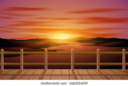 landscape of wooden bridge at the river in the morning