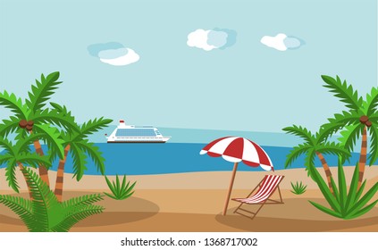Landscape of wooden chaise lounge, palm tree on beach. Umbrella . Sun with clouds. Day in tropical place. Vector illustration in flat style