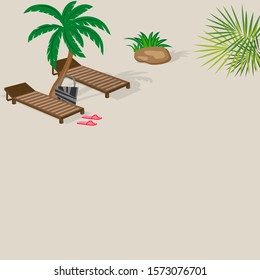 Landscape of wooden chaise lounge, palm tree on beach. Umbrella. Day in tropical place. Vector illustration in flat style