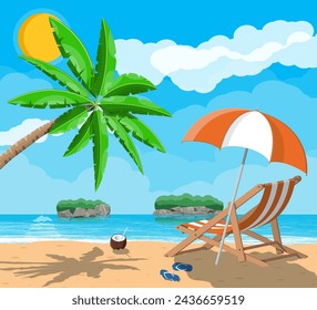 Landscape of wooden chaise lounge, palm tree on beach. Umbrella and flip flops. Sun with reflection in water and clouds. Day in tropical place. Vector illustration in flat style