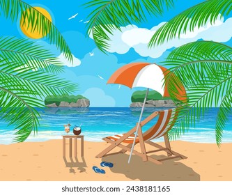 Landscape of wooden chaise lounge, palm tree on beach. Umbrella and flip flops. Sun with reflection in water and clouds. Day in tropical place. Vector illustration in flat style