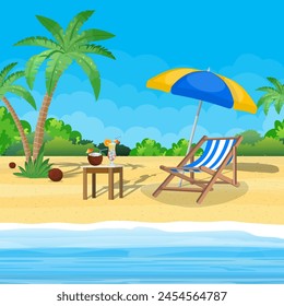 Landscape of wooden chaise lounge, palm tree on beach. Umbrella Day in tropical place. Vector illustration in flat style