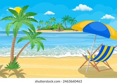 Landscape of wooden chaise lounge, palm tree on beach. Umbrella . Sun with clouds. Day in tropical place. Vector illustration in flat style