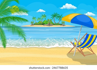 Landscape of wooden chaise lounge, palm tree on beach. Umbrella . Sun with clouds. Day in tropical place. Vector illustration in flat style