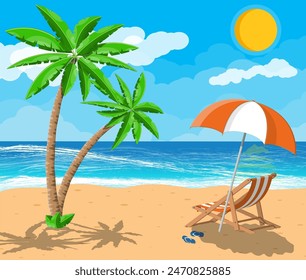 Landscape of wooden chaise lounge, palm tree on beach. Umbrella and flip flops. Sun with reflection in water and clouds. Day in tropical place. Vector illustration in flat style