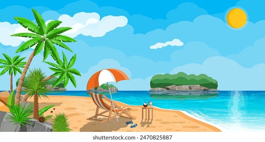 Landscape of wooden chaise lounge, palm tree on beach. Umbrella and flip flops. Sun with reflection in water and clouds. Day in tropical place. Vector illustration in flat style