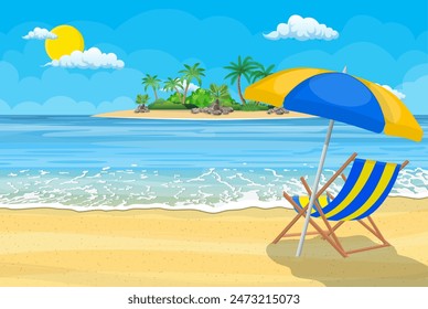 Landscape of wooden chaise lounge, palm tree on beach. Umbrella . Sun with clouds. Day in tropical place. Vector illustration in flat style