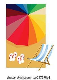 Landscape of wooden chaise lounge, umbrella, flip flops on beach. Sea and sand beach. Vector illustration in flat style
