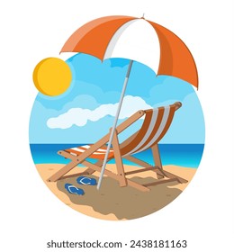 Landscape of wooden chaise lounge, umbrella, flip flops on beach. Sun with reflection in water and clouds. Day in tropical place. Vector illustration in flat style