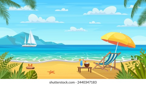 Landscape of wooden chaise lounge, umbrella, table with coconut and cocktail on beach, mountains. Seaside landscape, nature vacation, ocean or sea seashore. Vector illustration in flat style