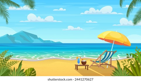 Landscape of wooden chaise lounge, umbrella, table with coconut and cocktail on beach, mountains . Seaside landscape, nature vacation, ocean or sea seashore. Vector illustration in flat style