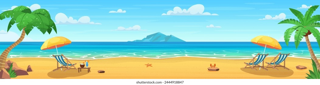 Landscape of wooden chaise lounge, umbrella, table with coconut and cocktail on beach, mountains . Seaside landscape, nature vacation, ocean or sea seashore. Vector illustration in flat style