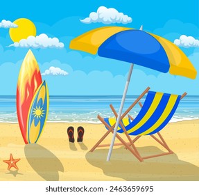 Landscape of wooden chaise lounge, umbrella, flip flops on beach. Sea and sand beach. Holiday sea summer with colored surfboard. Vector illustration in flat style