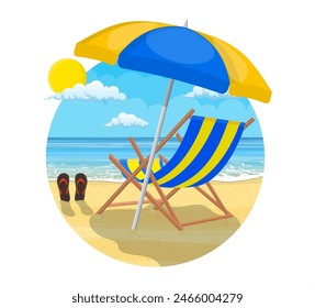 Landscape of wooden chaise lounge, umbrella, flip flops on beach. Sun with reflection in water and clouds. Day in tropical place. Vector illustration in flat style