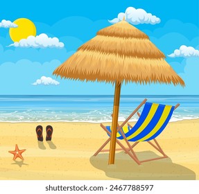 Landscape of wooden chaise lounge, umbrella, flip flops on beach. Day in tropical place. Vector illustration in flat style