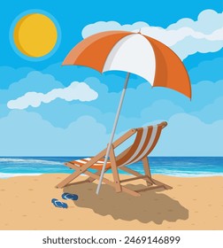 Landscape of wooden chaise lounge, umbrella, flip flops on beach. Sun with reflection in water and clouds. Day in tropical place. Vector illustration in flat style