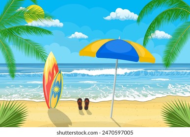 Landscape of wooden chaise lounge, umbrella, flip flops on beach. Sea and sand beach. Holiday sea summer with colored surfboard. Vector illustration in flat style