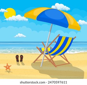 Landscape of wooden chaise lounge, umbrella, flip flops on beach. Day in tropical place. Vector illustration in flat style