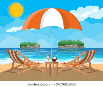 Landscape of wooden chaise lounge, umbrella, table with coconut and cocktail on beach. Sun with reflection in water and clouds. Day in tropical place. Vector illustration in flat style