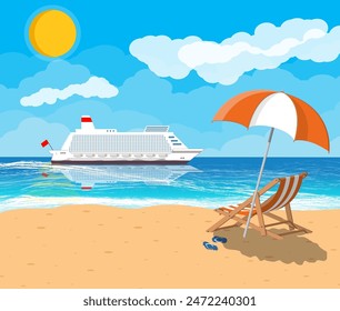 Landscape of wooden chaise lounge, umbrella, flip flops on beach. Cruise liner ship. Sun with reflection in water and clouds. Day in tropical place. Vector illustration in flat style