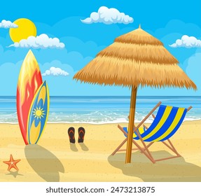 Paisaje de chaise lounge de madera, sombrilla, chanclas en la playa. Playa de mar y arena. Festiva sea verano con tabla de surf de colores. Ilustración vectorial en estilo plano