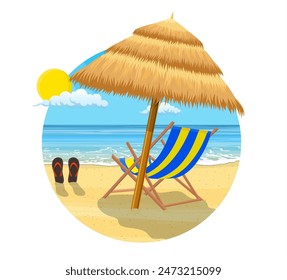 Landscape of wooden chaise lounge, umbrella, flip flops on beach. Sun with reflection in water and clouds. Day in tropical place. Vector illustration in flat style