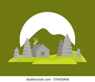 Landscape with wooden house in the mountains. Vector illustration.