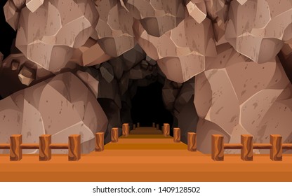 landscape of wooden walkway at front of the cave