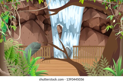 landscape of wooden walkway at waterfall in the jungle