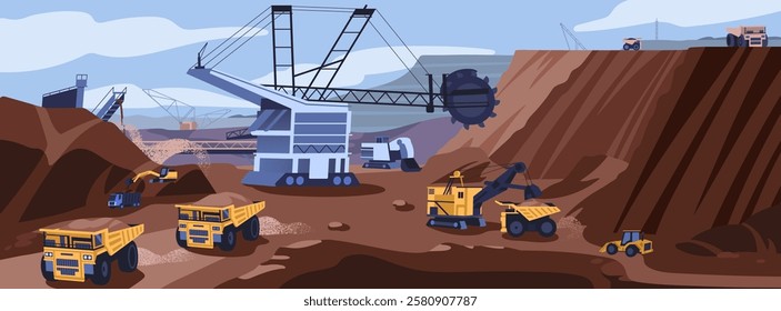 Landscape of working quarry. Excavators, dump trucks dig sand pit. Opencast mining scene. Extraction of ore, minerals, coal with machineries, engines of heavy industry. Flat vector illustration