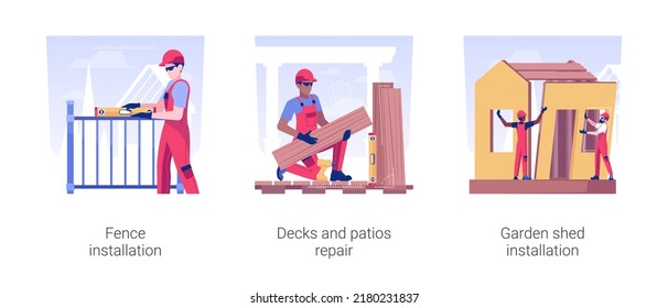 Landscape works in private house building isolated concept vector illustration set. Fence installation, decks and patios repair, garden shed assembling, backyard maintenance vector cartoon.