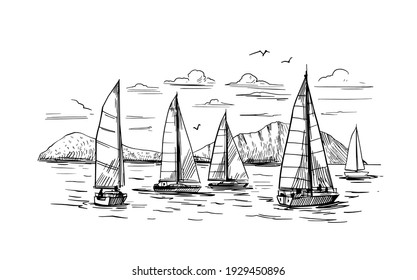 Landscape with yachts and the sea. Outline vector illustration. Yachting . Black on transparent backgroun