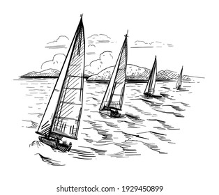 Landscape with yachts and the sea. Outline vector illustration. Yachting . Black on transparent backgroun