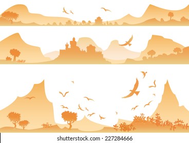 Landscape with yellow mountains,birds and palace